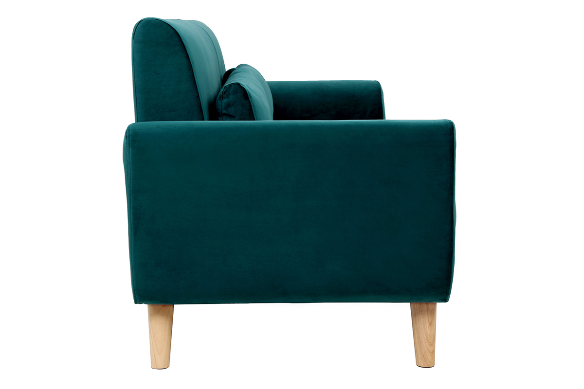 Canap scandinave 3 places en tissu velours bleu ptrole et bois clair EKTOR