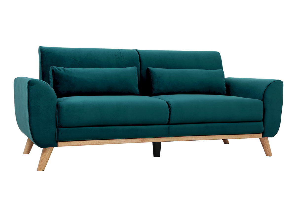 Canap scandinave 3 places en tissu velours bleu ptrole et bois clair EKTOR