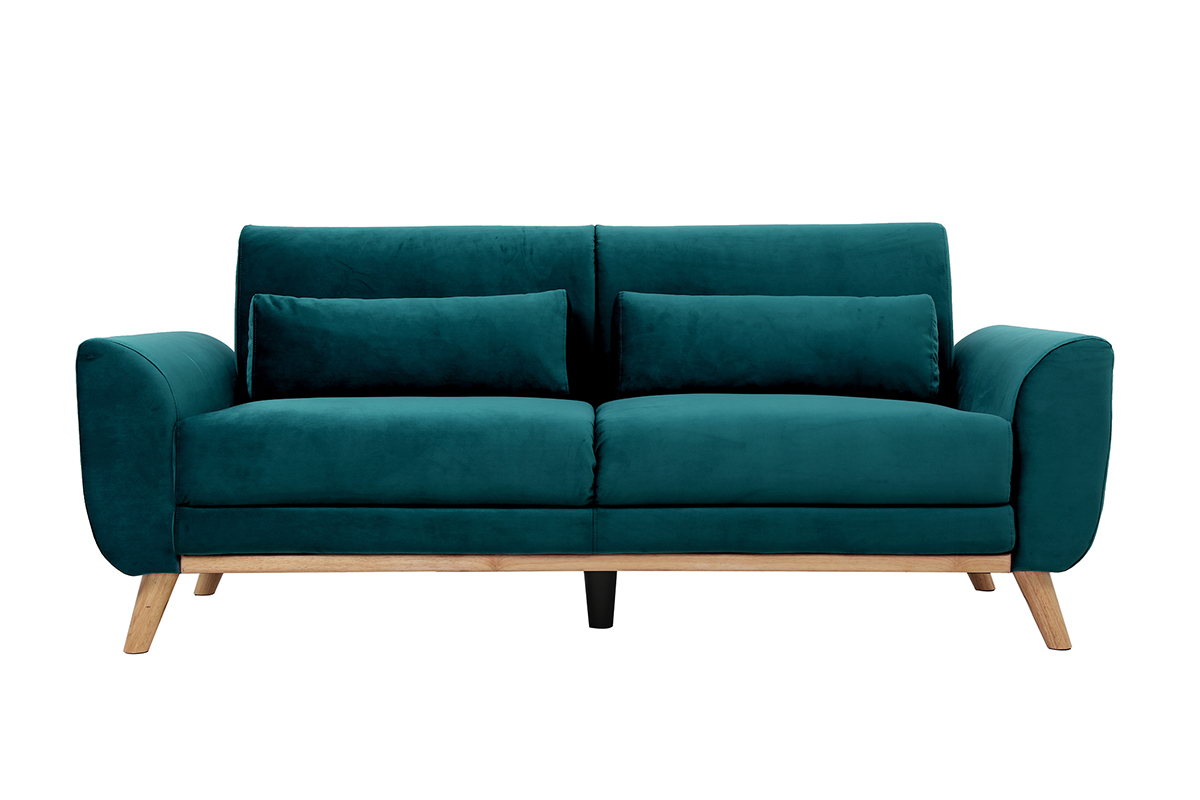 Canap scandinave 3 places en tissu velours bleu ptrole et bois clair EKTOR