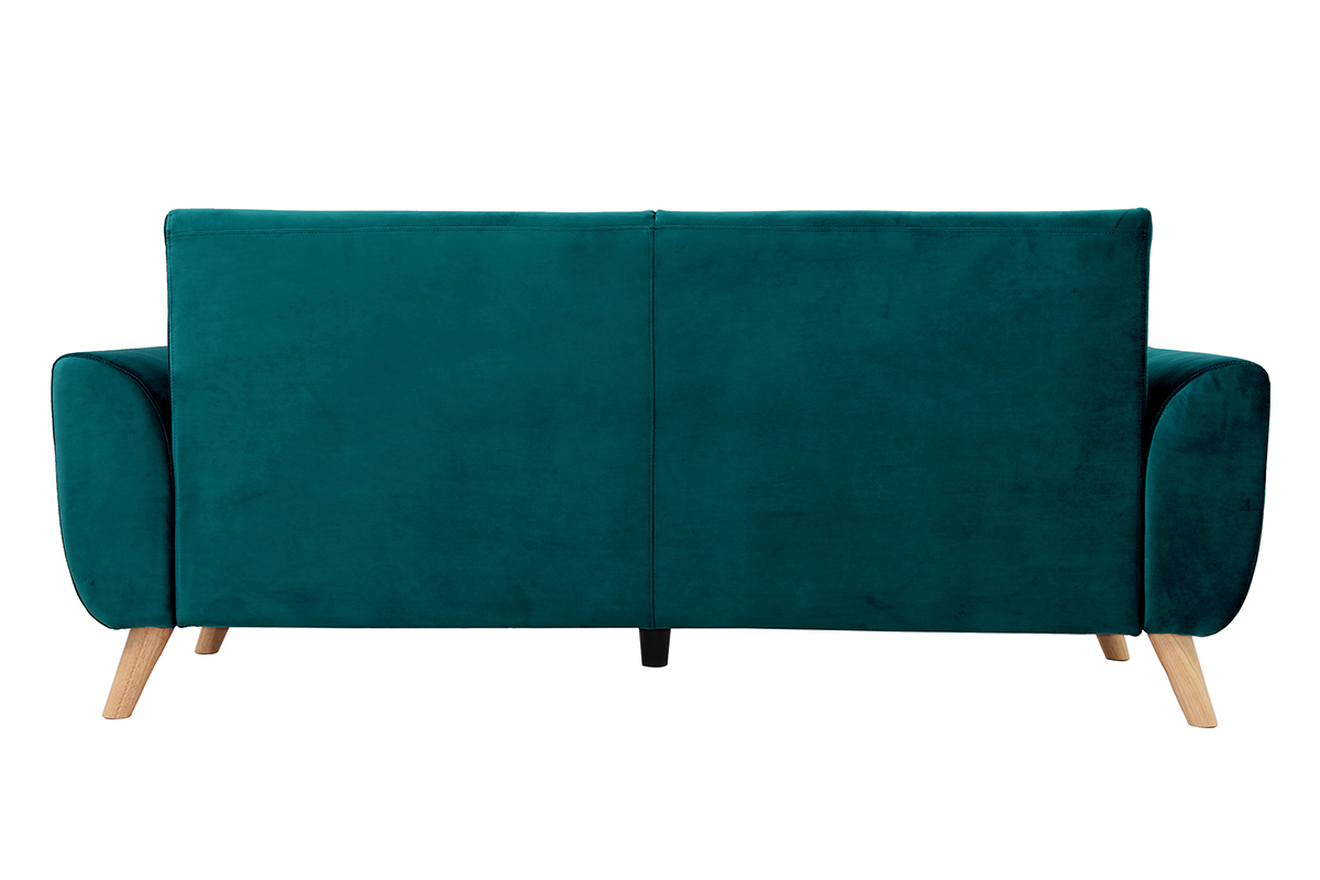 Canap scandinave 3 places en tissu velours bleu ptrole et bois clair EKTOR