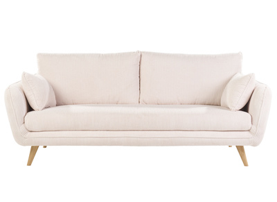 Canapé scandinave 3 places en tissu velours côtelé écru et bois clair CREEP
