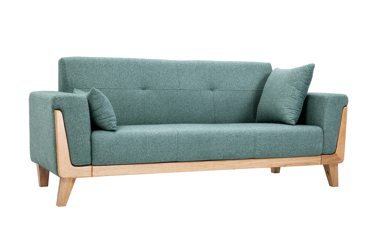 Canap scandinave 3 places en tissu vert de gris et bois clair FJORD