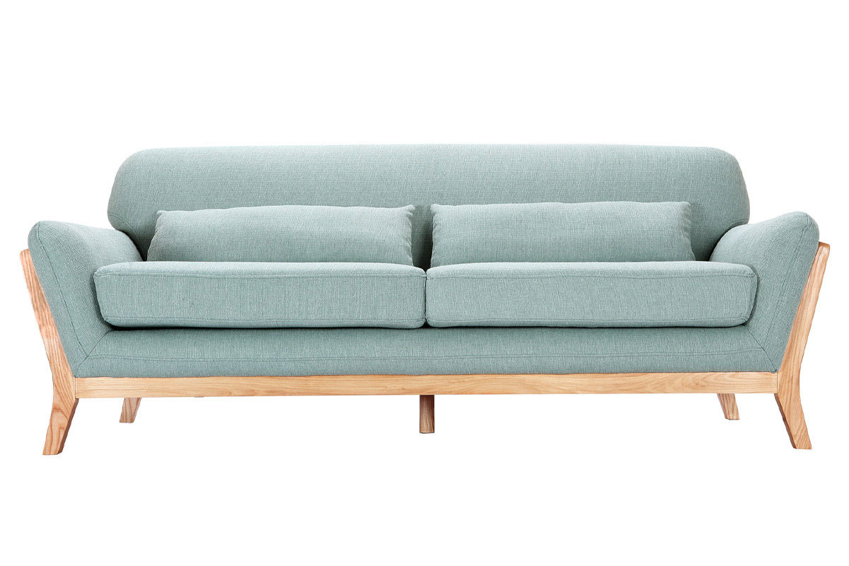 Canap scandinave 3 places en tissu vert lagon et bois clair YOKO