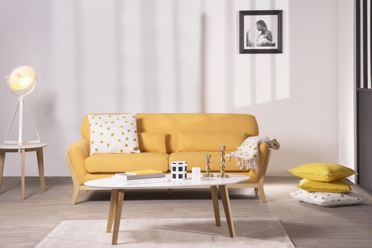 Canap scandinave 3 places jaune pieds bois YOKO
