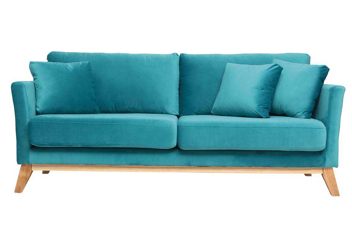 Canap� scandinave 3 places velours bleu azur pieds bois OSLO