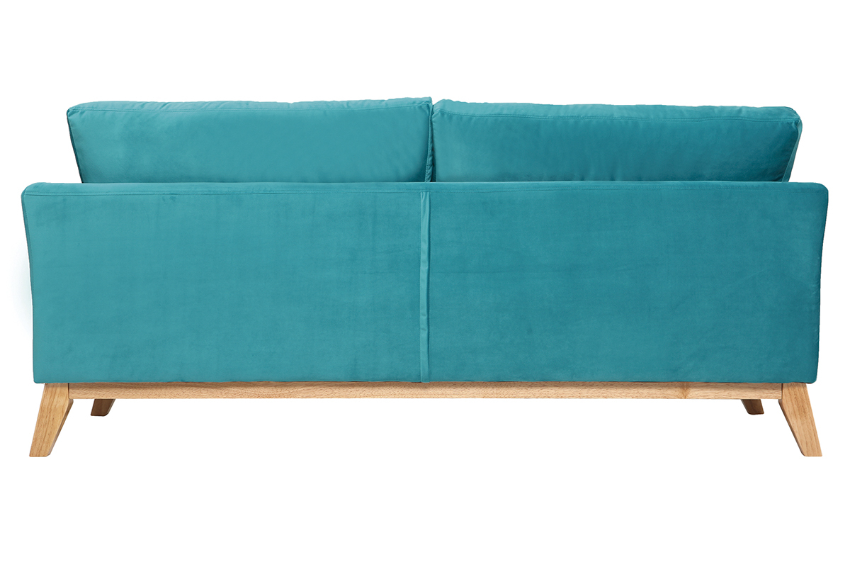 Canap� scandinave 3 places velours bleu azur pieds bois OSLO