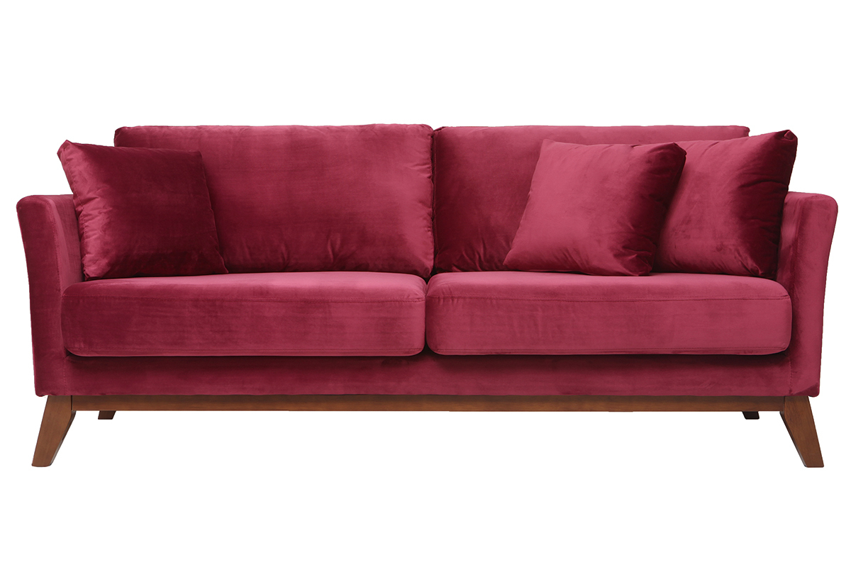 Canap� scandinave 3 places velours bordeaux pieds bois OSLO