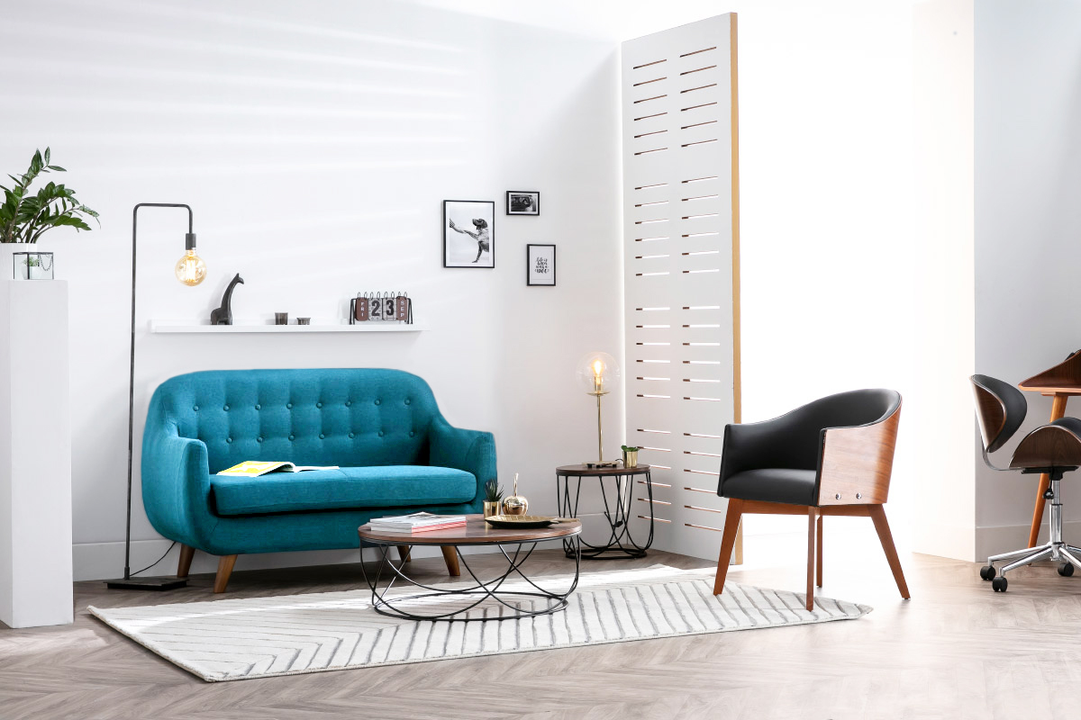 Canap scandinave dhoussable 2 places en tissu bleu canard et bois clair YNOK