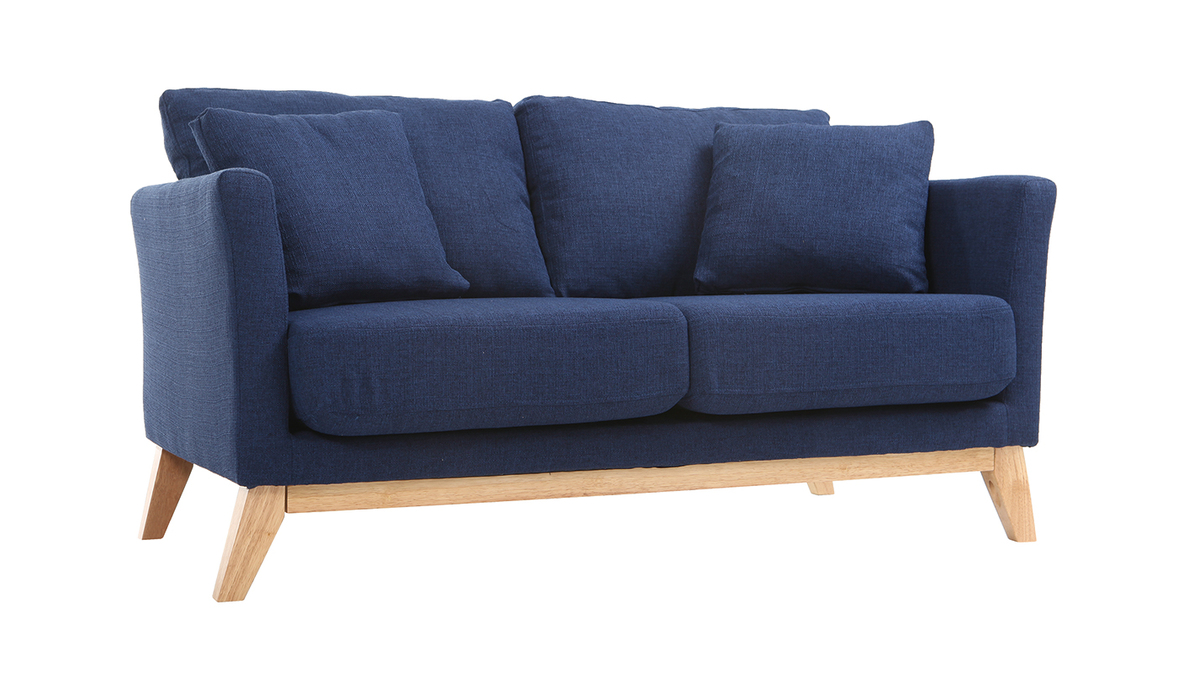 Canapé scandinave déhoussable 2 places en tissu bleu foncé et bois clair OSLO
