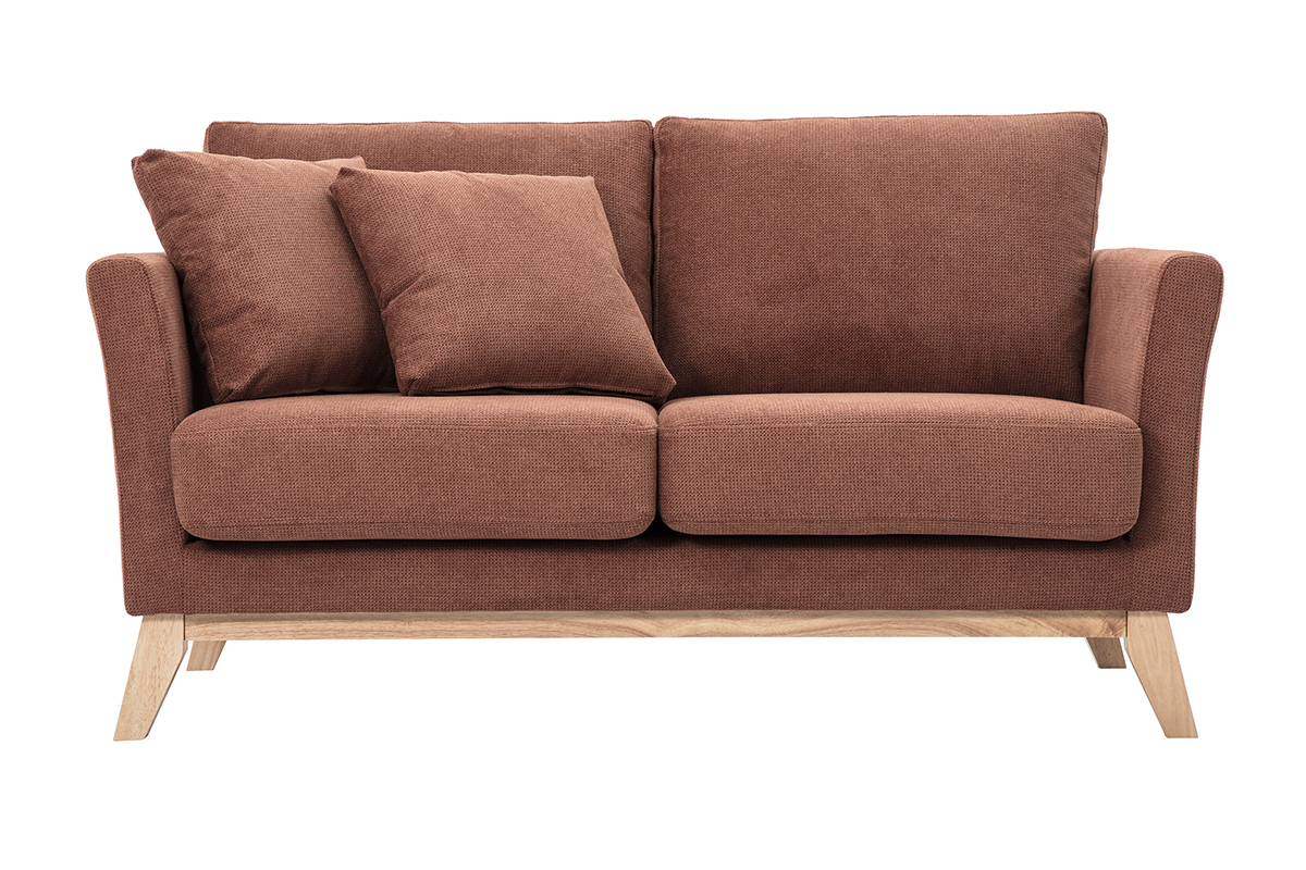 Canap� 2 places en tissu chenille terre br�l�e et pieds en bois clair, vue de face.