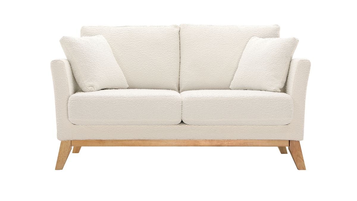 Canapé scandinave déhoussable 2 places en tissu effet laine bouclée blanc cassé et bois clair OSLO