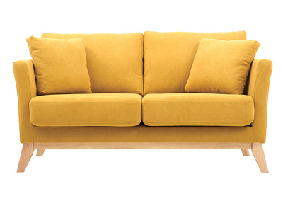 Canapé scandinave déhoussable 2 places en tissu effet velours jaune moutarde et bois clair OSLO