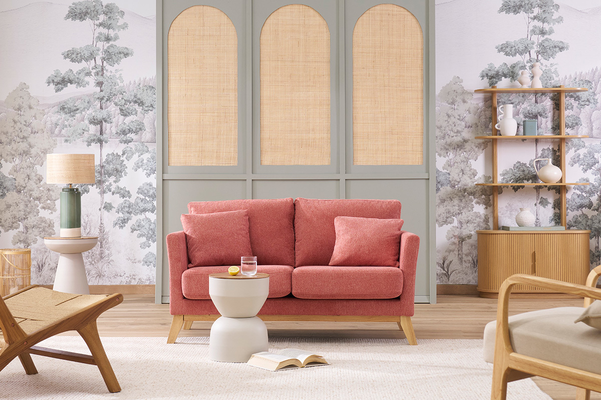 Canap scandinave dhoussable 2 places en tissu effet velours textur taupe et bois clair OSLO