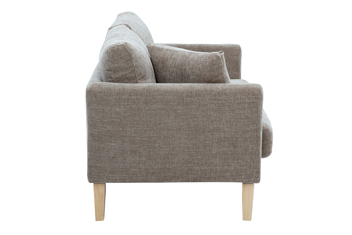 Canap scandinave 2 places en tissu taupe et bois clair, dhoussable, design moderne.