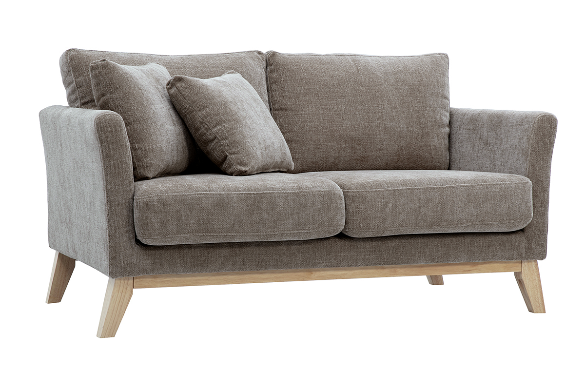 Canap scandinave 2 places taupe en tissu effet velours et bois clair, modle OSLO