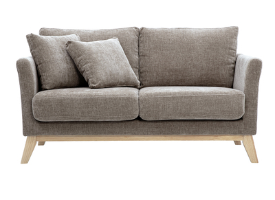 Canapé scandinave déhoussable 2 places en tissu effet velours texturé taupe et bois clair OSLO