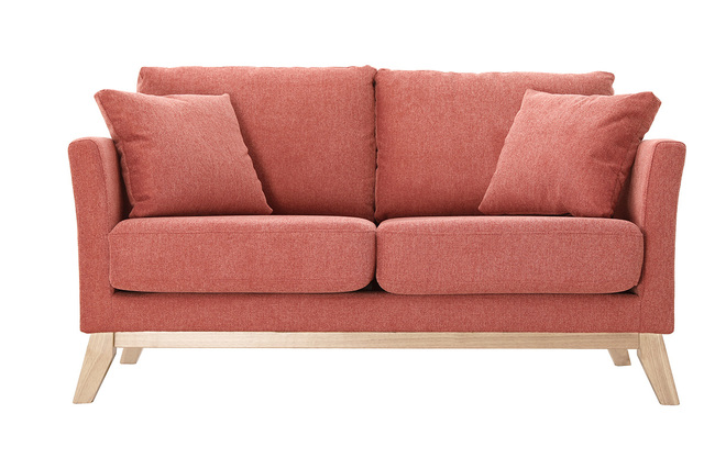 Canapé scandinave déhoussable 2 places en tissu effet velours texturé terracotta et bois clair OSLO
