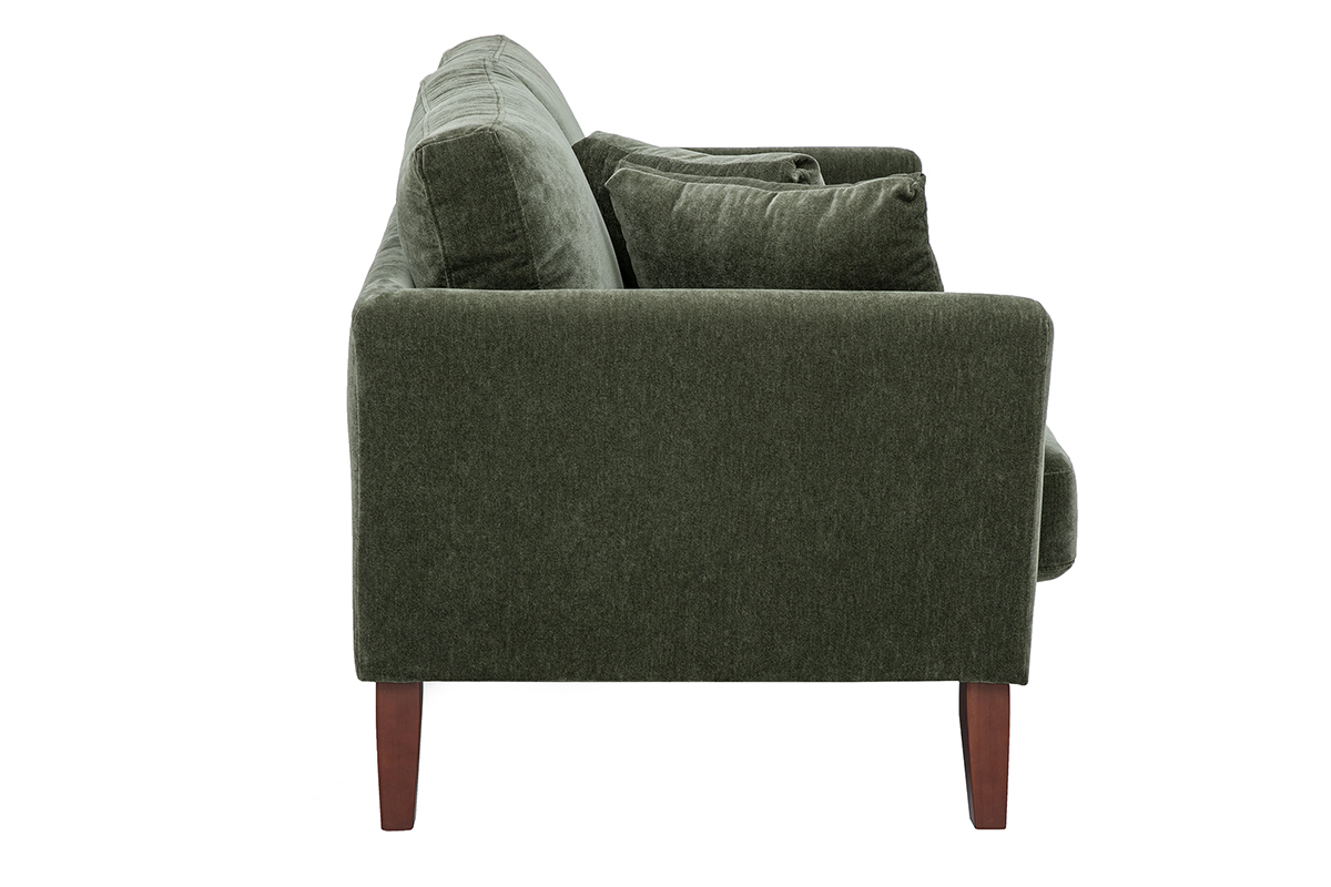 Canap� scandinave d�houssable 2 places en tissu vert kaki, vue de profil, avec coussins