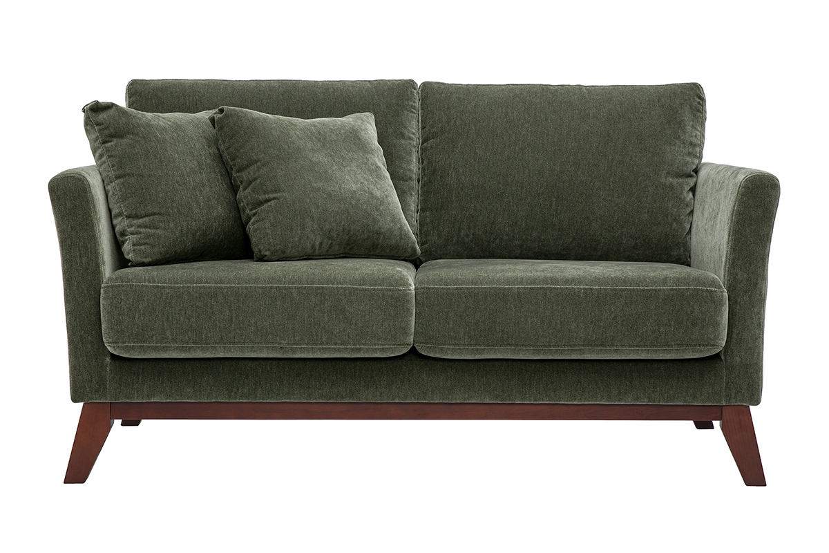 Canap� scandinave d�houssable 2 places en tissu effet velours vert kaki, vue de face