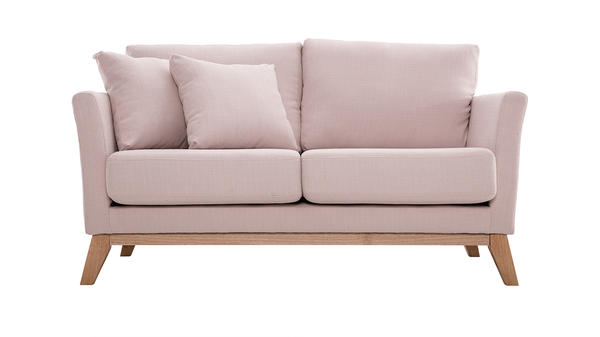 Canapé scandinave déhoussable 2 places en tissu rose et bois clair OSLO