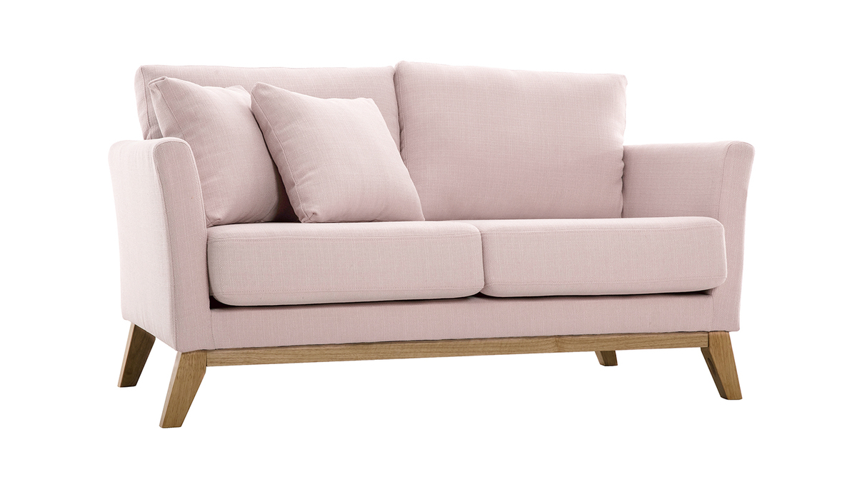 Canapé scandinave déhoussable 2 places en tissu rose et bois clair OSLO