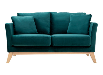 Canapé scandinave déhoussable 2 places en tissu velours bleu pétrole et bois clair OSLO