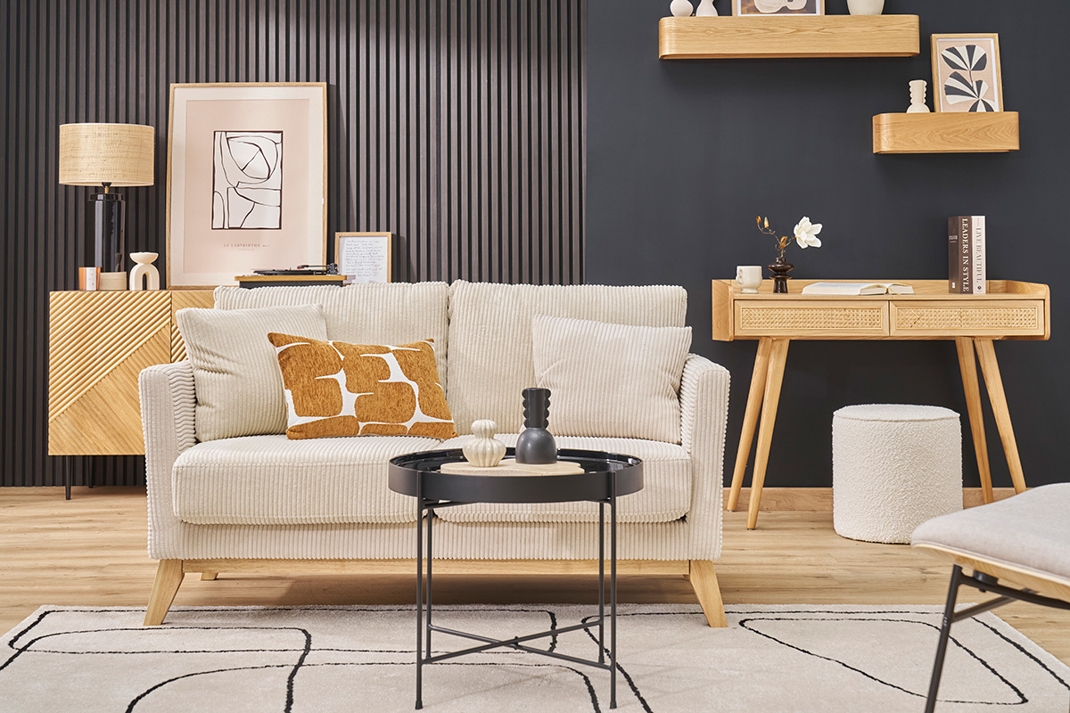 Canap scandinave dhoussable 2 places en tissu velours ctel beige et bois clair OSLO