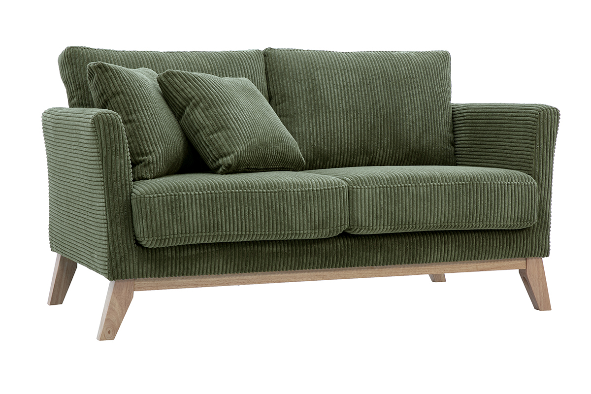 Canap scandinave 2 places vert kaki en velours ctel avec pieds en bois clair
