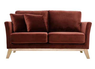 Canapé scandinave déhoussable 2 places en tissu velours rouge tomette et bois clair OSLO