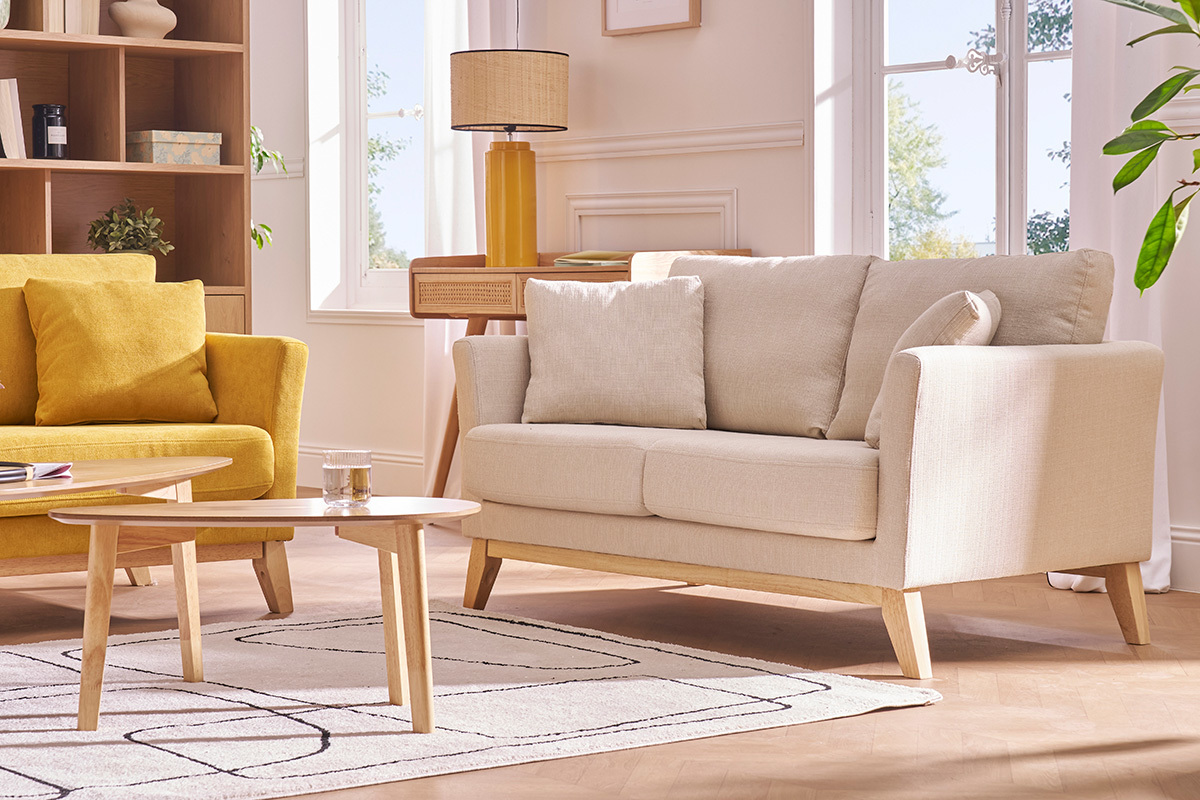 Canap scandinave dhoussable 2 places en tissu vert de gris et bois clair OSLO