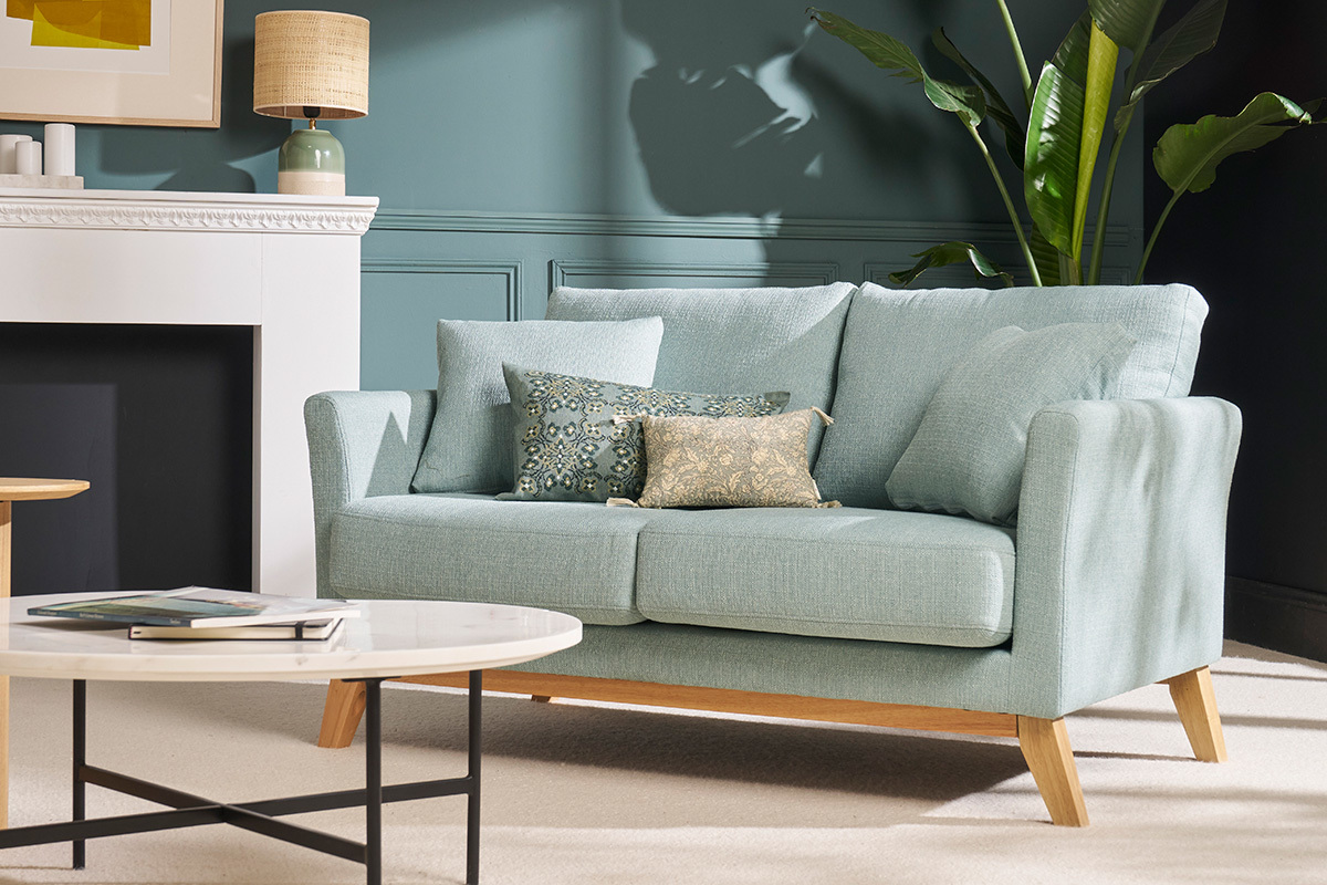Canap scandinave dhoussable 2 places en tissu vert lagon et bois clair OSLO
