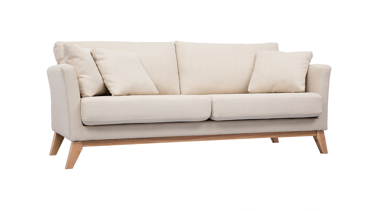 Canapé scandinave déhoussable 3 places en tissu beige et bois clair OSLO