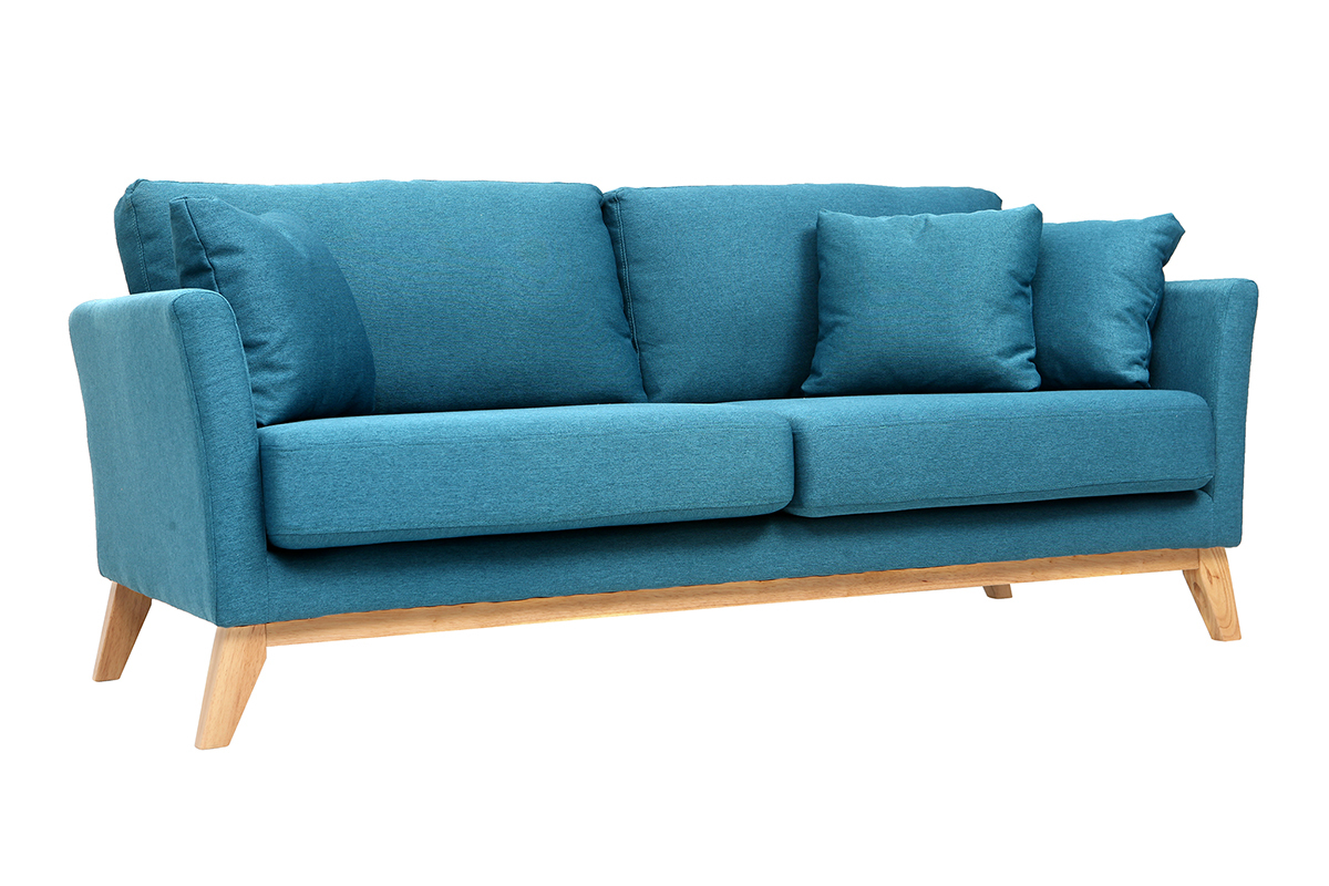 Canap scandinave dhoussable 3 places en tissu bleu canard et bois clair OSLO