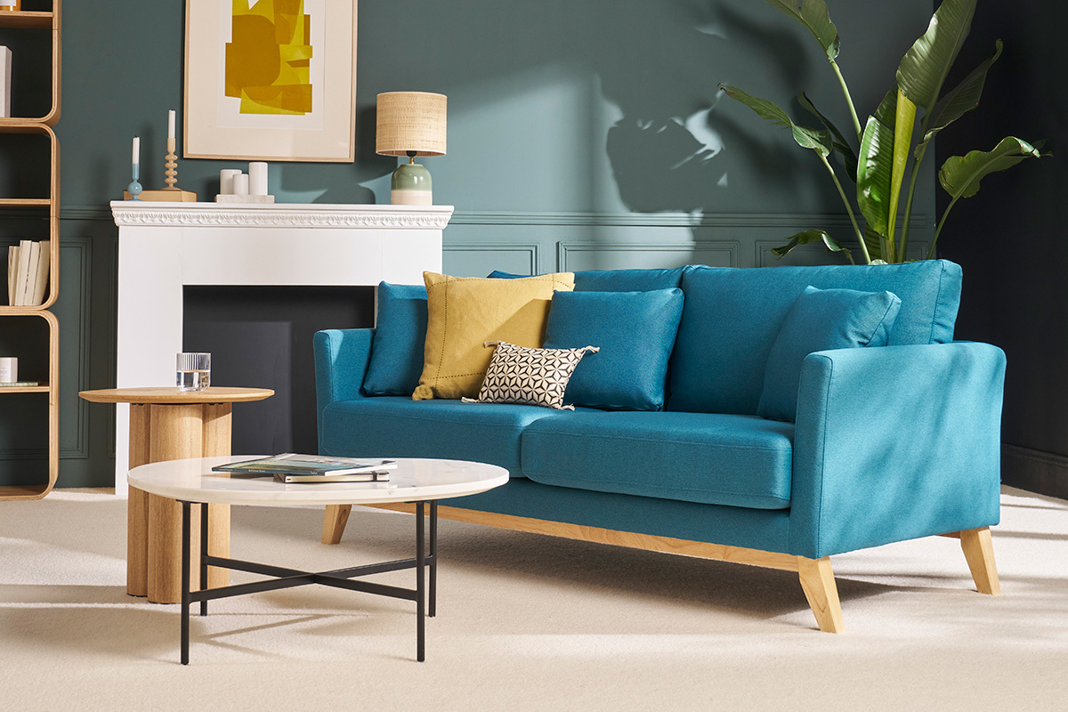 Canap scandinave dhoussable 3 places en tissu bleu canard et bois clair OSLO