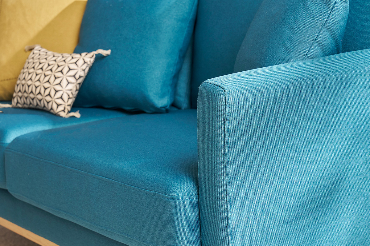 Canap scandinave dhoussable 3 places en tissu bleu canard et bois clair OSLO
