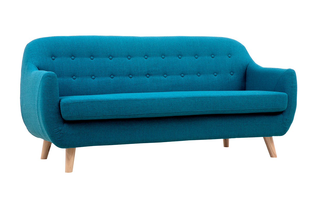 Canap scandinave dhoussable 3 places en tissu bleu canard et bois clair YNOK