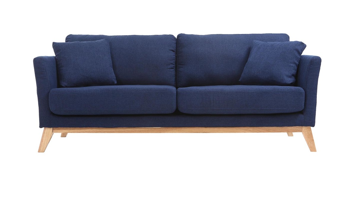Canapé scandinave déhoussable 3 places en tissu bleu foncé et bois clair OSLO