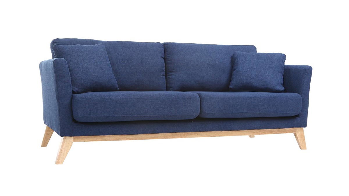 Canapé scandinave déhoussable 3 places en tissu bleu foncé et bois clair OSLO