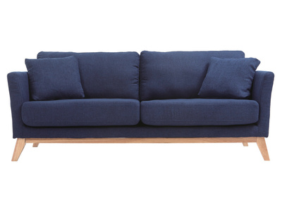 Canapé scandinave déhoussable 3 places en tissu bleu foncé et bois clair OSLO