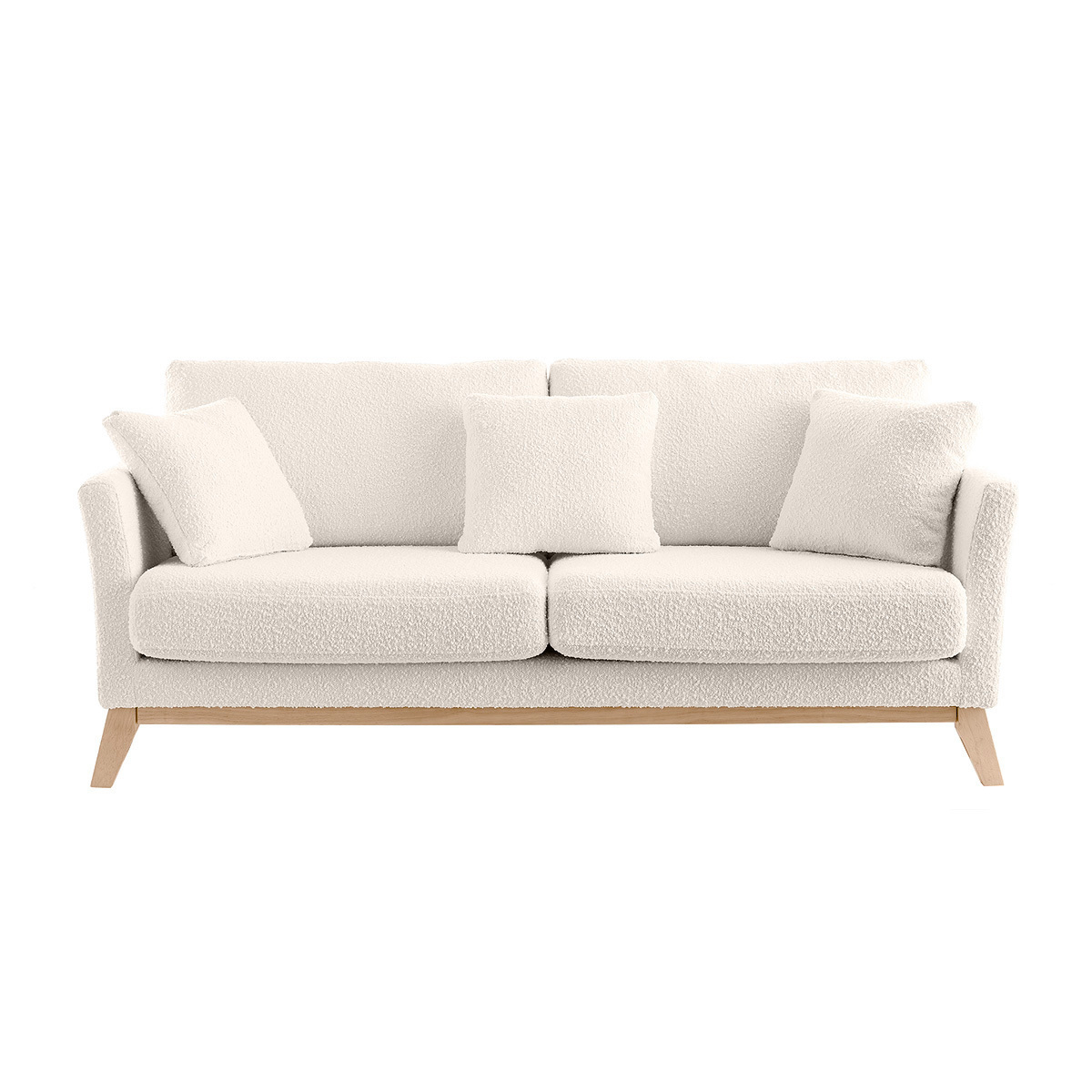 Canapé scandinave déhoussable 3 places en tissu effet laine bouclée blanc cassé et bois clair OSLO