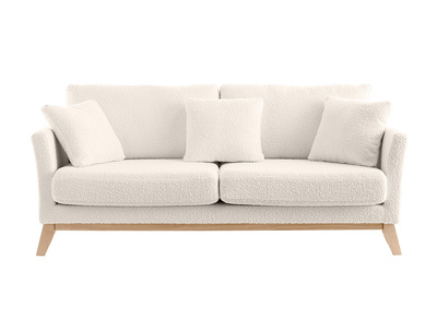 Canapé scandinave déhoussable 3 places en tissu effet laine bouclée blanc cassé et bois clair OSLO