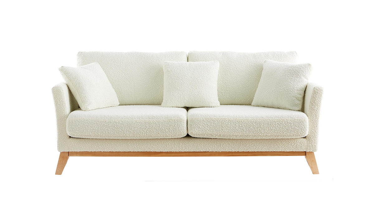 Canapé scandinave déhoussable 3 places en tissu effet laine bouclée écru et bois clair OSLO
