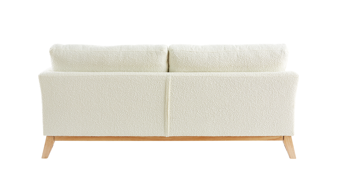 Canapé scandinave déhoussable 3 places en tissu effet laine bouclée écru et bois clair OSLO