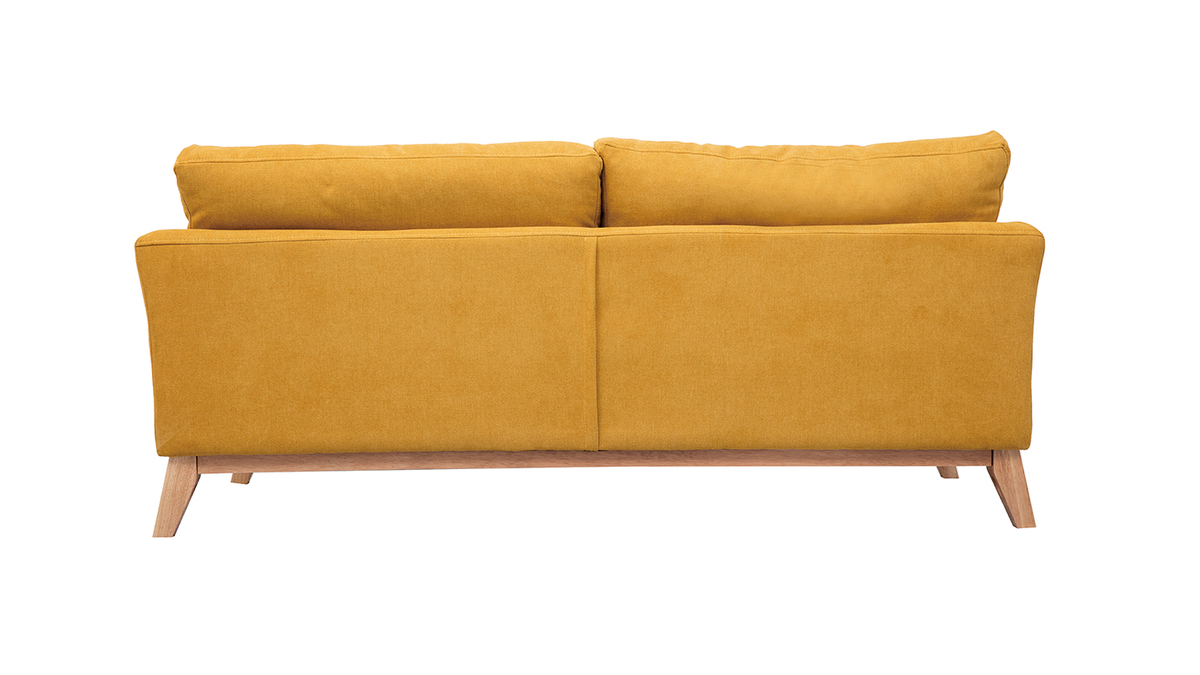 Canapé scandinave déhoussable 3 places en tissu effet velours jaune moutarde et bois clair OSLO