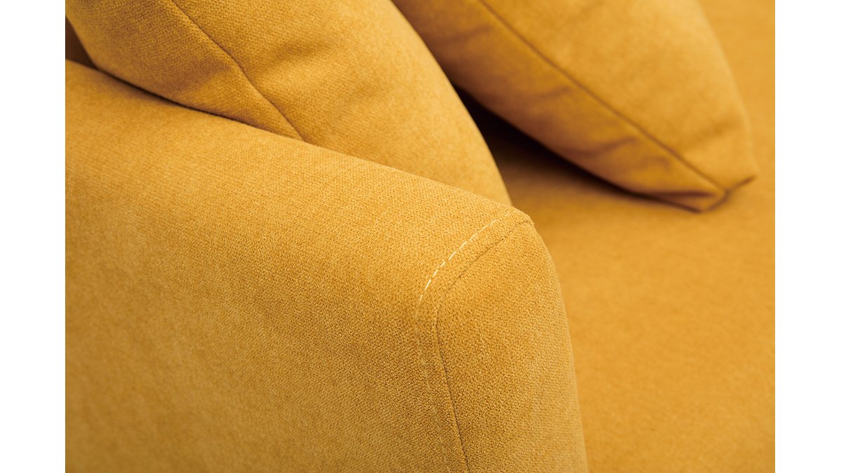 Canapé scandinave déhoussable 3 places en tissu effet velours jaune moutarde et bois clair OSLO