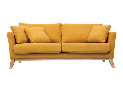 Canapé scandinave déhoussable 3 places en tissu effet velours jaune moutarde et bois clair OSLO