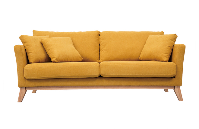 Canapé scandinave déhoussable 3 places en tissu effet velours jaune moutarde et bois clair OSLO