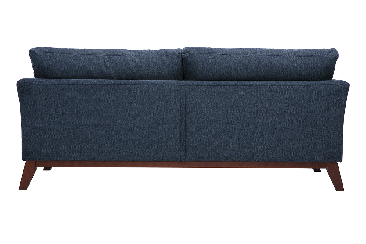 Canap� scandinave d�houssable 3 places en tissu bleu fonc� vue de dos, pieds en bois fonc�.