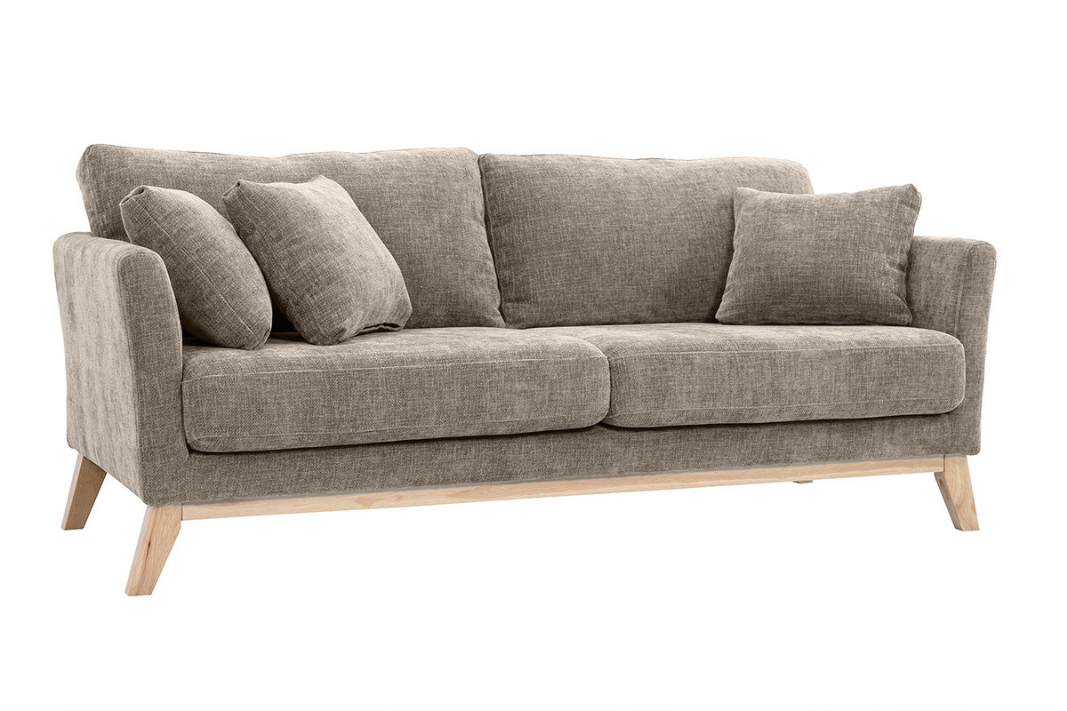 Canap scandinave dhoussable 3 places en tissu effet velours textur taupe et bois clair OSLO
