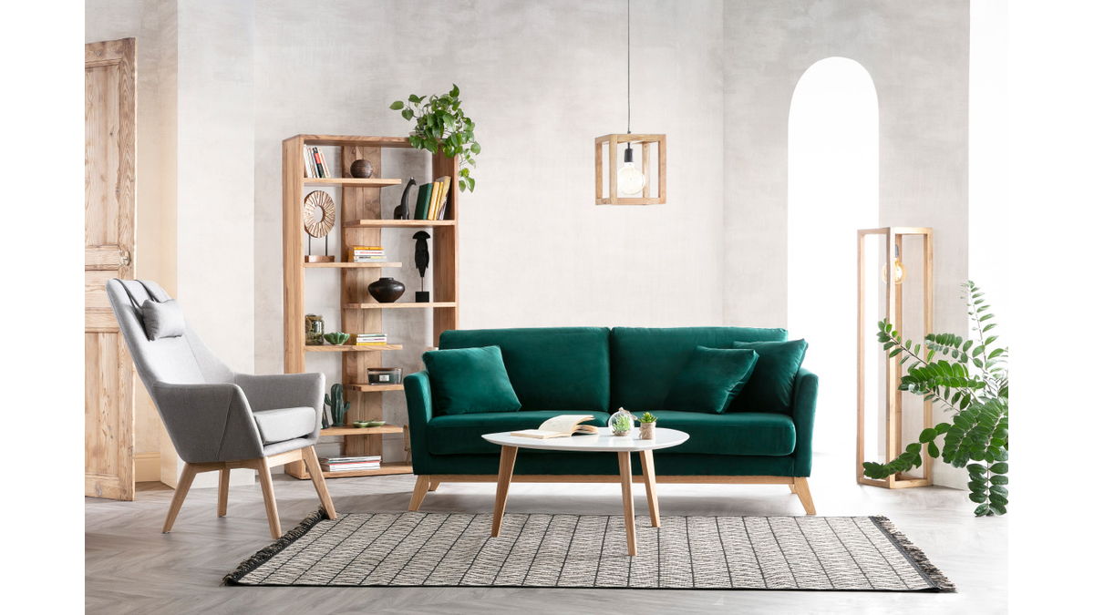 Canapé scandinave déhoussable 3 places en tissu effet velours texturé terracotta et bois clair OSLO